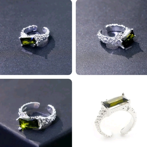 925 Olive Green Geometric Irregular Ring Adjustable - Picture 6 of 11